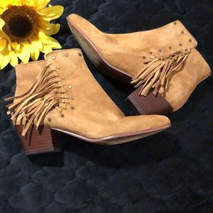 Sam Edelman Rudie suede ankle boots caramel studded fringe zip booties SZ 6 1/2